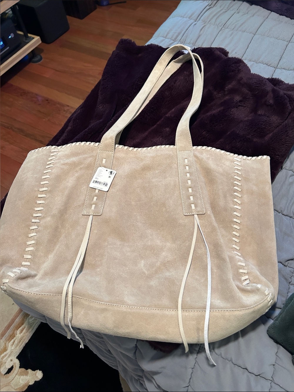 Free People Neutral Suede Tote with Whipstitch Trim